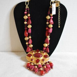 NWT Chico's Limited Addition Gold Tone Pink/Red Beaded 28"-32" Boho Necklace